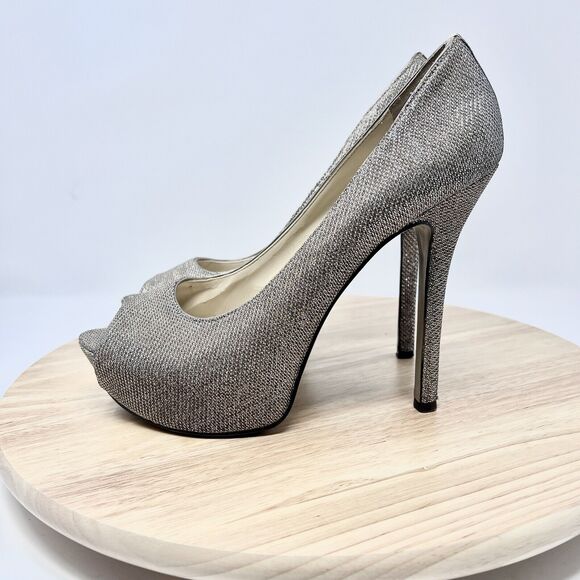 Enzo Angiolini Gold Glitter Peep Toe Platform Heels Demario Leather 9 M - Picture 3 of 16